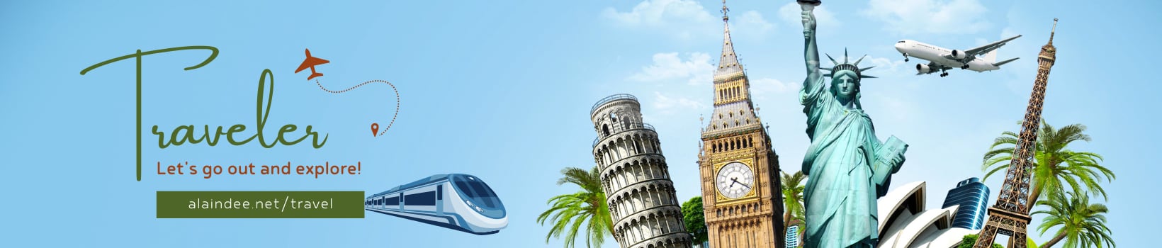 travel banner with train and sites in the world